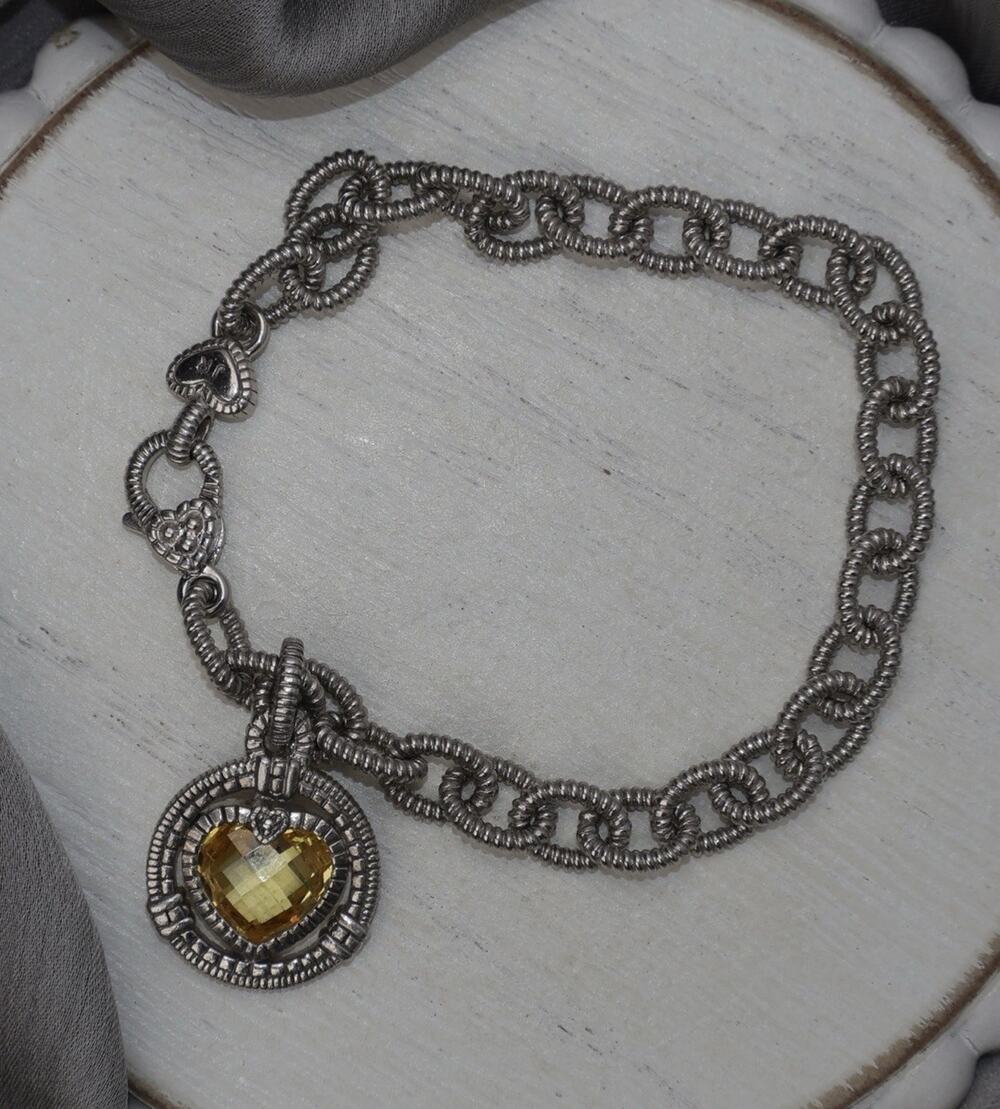 Judith Ripka Sterling Canary Crystal Athena Heart Charm Bracelet 20.8G / 7.5in